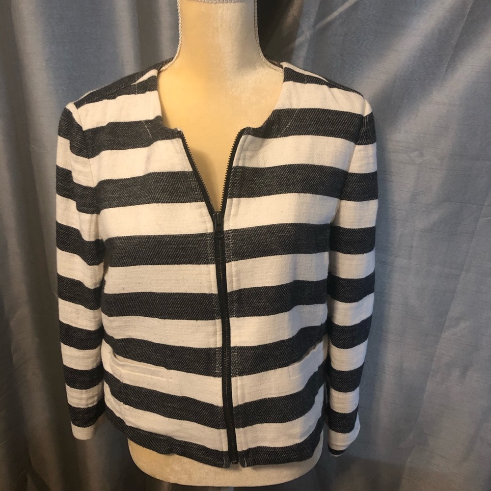 LOFT Black and White Striped Zip Front Blazer Jacket